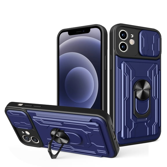 Compatible for iPhone 11 Hybrid Case with Camera Lens Slide Cover | Rotatable Ring Holder Kickstand | Impact-Resistant Car Mount Magnetic | Detachable Card Slot Protective Shell, Blue