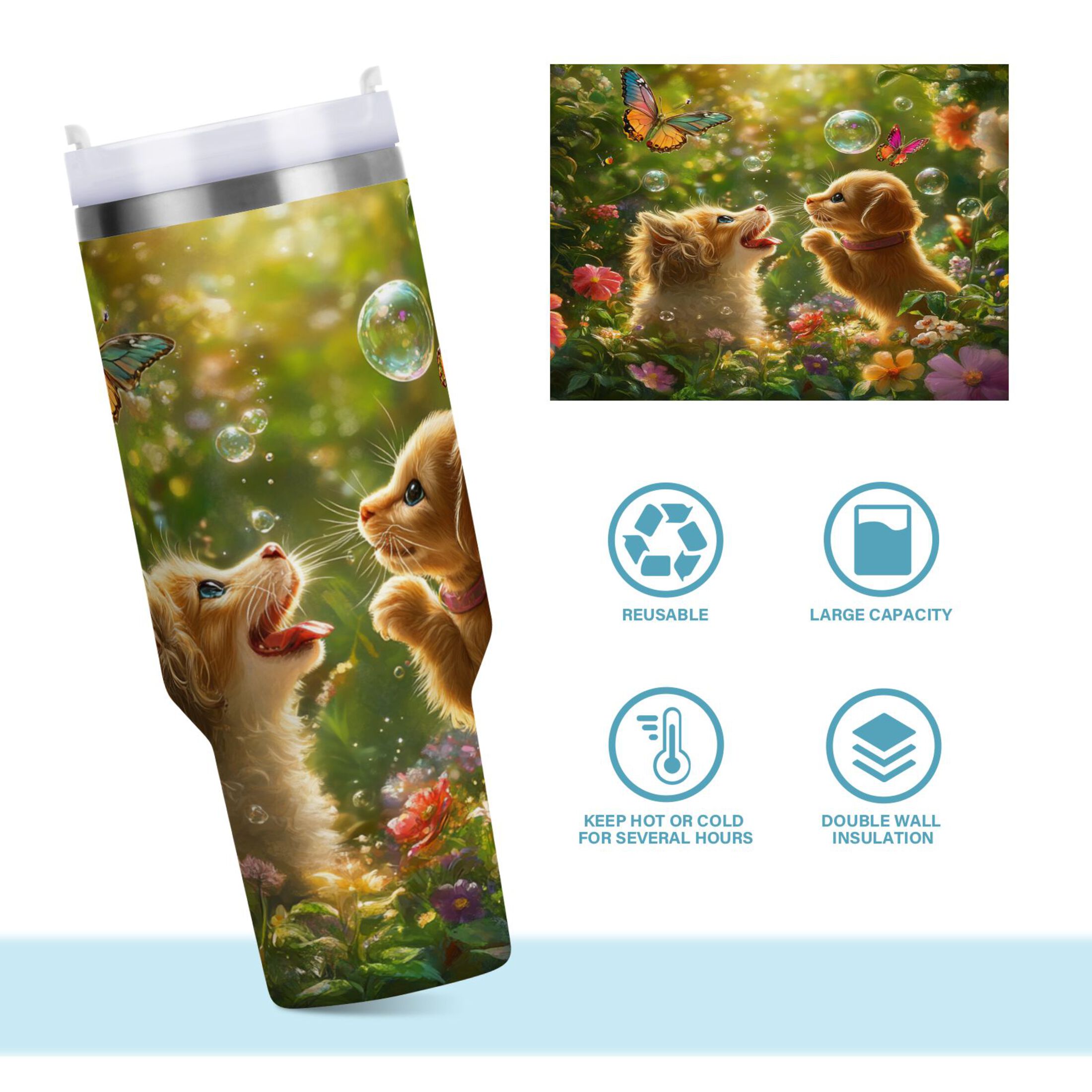 YAZAOO Tumbler 40oz Insulated Stainless Creative Kitten and Puppy with Butterflies Pattern Steel Water Bottles