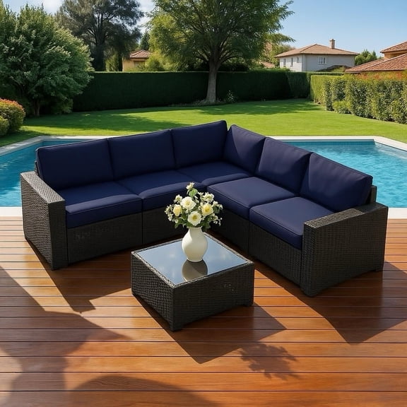 JMGJOY 6pc Outdoor Patio Furniture Set, PE Rattan Sectional Couch with Thick Waterproof Cushion, Tempered Glass Cafe Table, Wicker Conversation Sofa for Deck, Backyard, Poolside, Porch