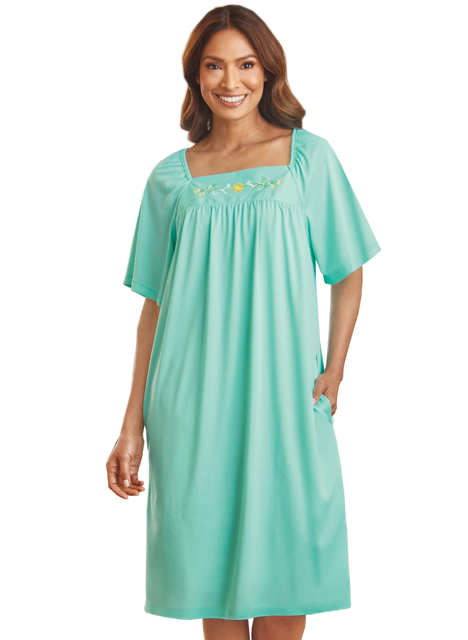 AmeriMark Womens Solid Embroidered House Dress with Pockets Muu Muu Nightgown
