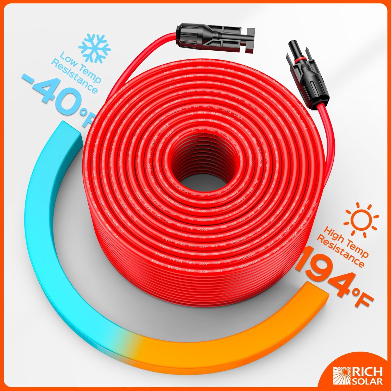 RICH SOLAR 10 Gauge 10AWG One Pair 50 Feet Red + 50 Feet Black Solar Panel Extension Cable Wire with Female and Male Connectors (50FT 10AWG)