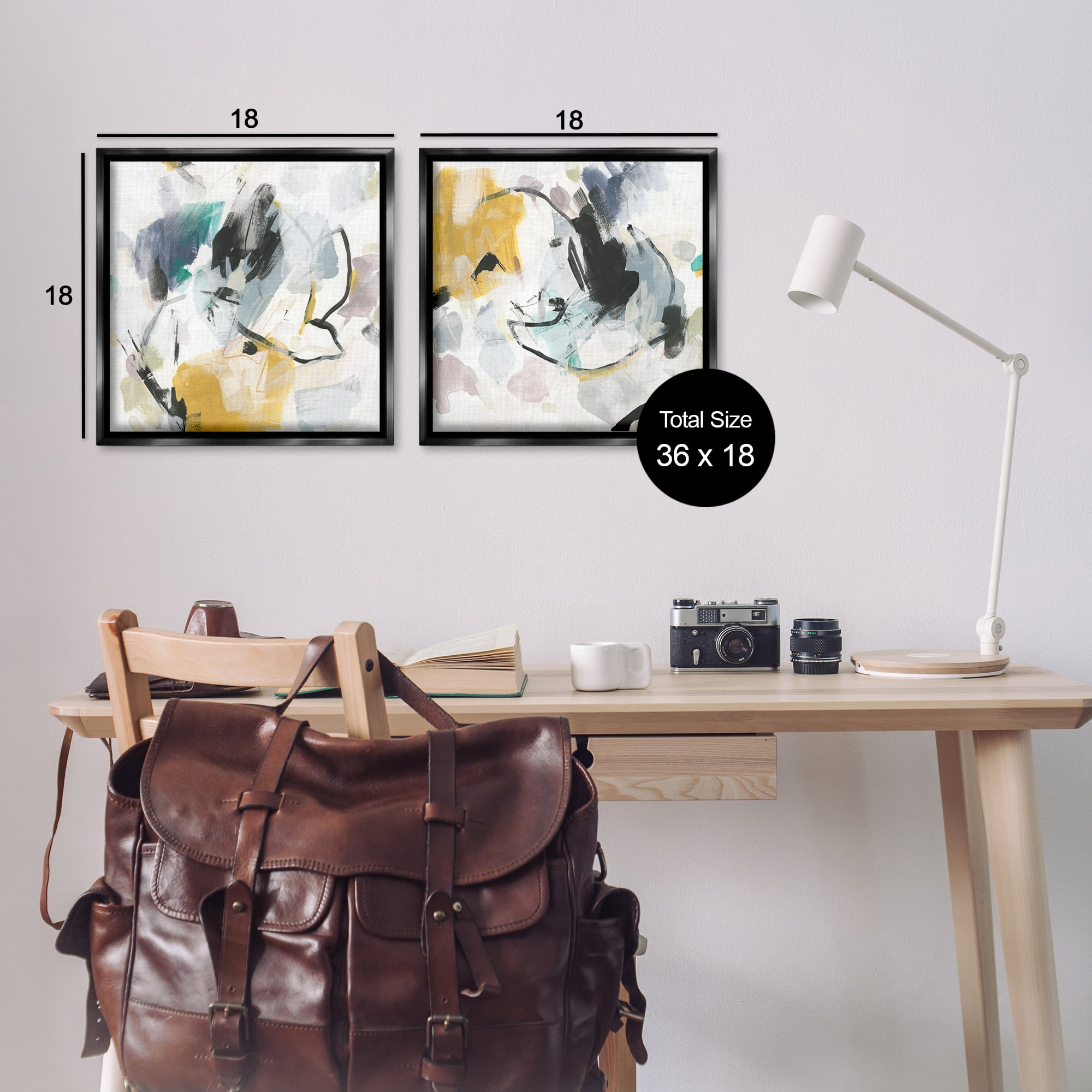 Stupell Industries Black & Yellow Abstract Splash Abstract Painting Black Floater Framed Canvas Art Print Wall Art, 18 x 18, Set of 2