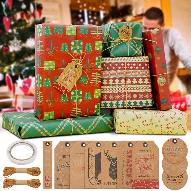 12 Sheets Christmas Kraft Wrapping Paper, Gift Wrapping Folded Paper