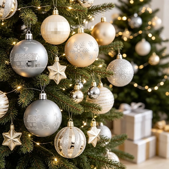44 Pack Christmas Ball Ornaments Set, Iron Gray Champagne Gold Plastic Xmas Tree Hanging Decorations for Wreath Window Home Holiday Decor,A