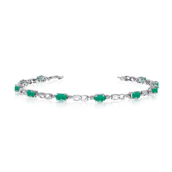 10K White Gold Oval Emerald and Diamond Link Bracelet