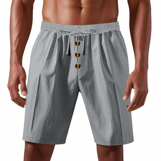 pstuiky Abreviatura para hombres, Pantalones cortos de lino con cintura elástica y botones de color liso para hombre, versátiles y a la moda. Pantalones cortos de baloncesto