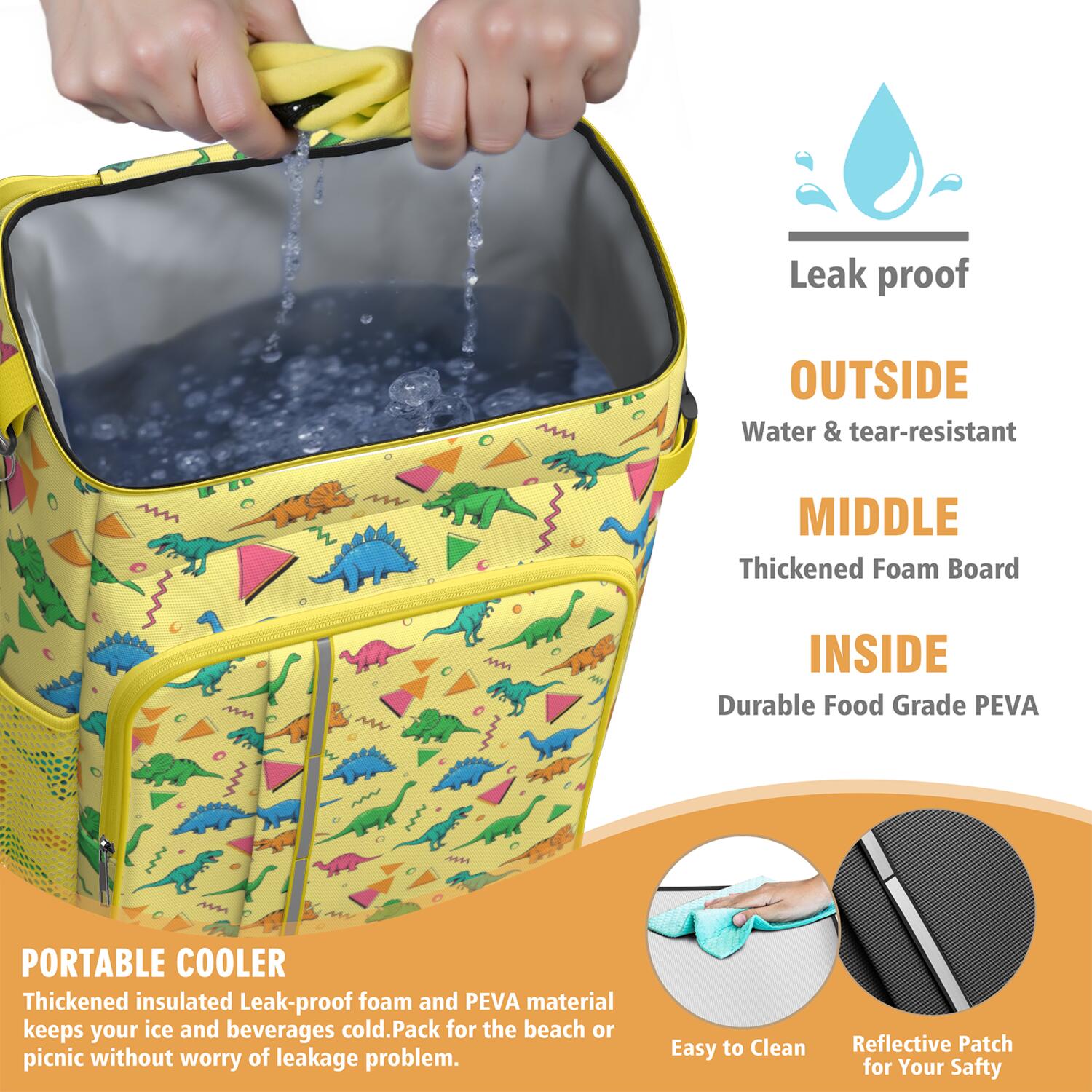 Travel Cooler Bag - Yellow Cartoon Dinosaurs Geometric Shapes Pattern Camping Beer Cooler Backpack with Bottle Opener- Waterproof Insulated Picnic Backpacks - Cooler Bag for Beach