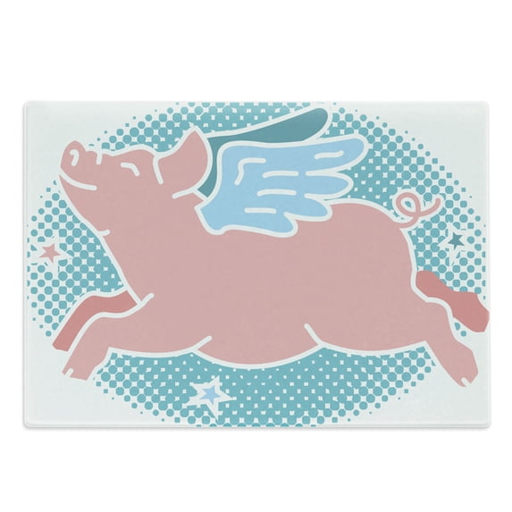 Blue and Pink Cutting Board, Happy Flying Pig with Wings on Retro Style Dotted Oval, Decorative Tempered Glass Cutting and Serving Board, in 3 Sizes, by Ambesonne