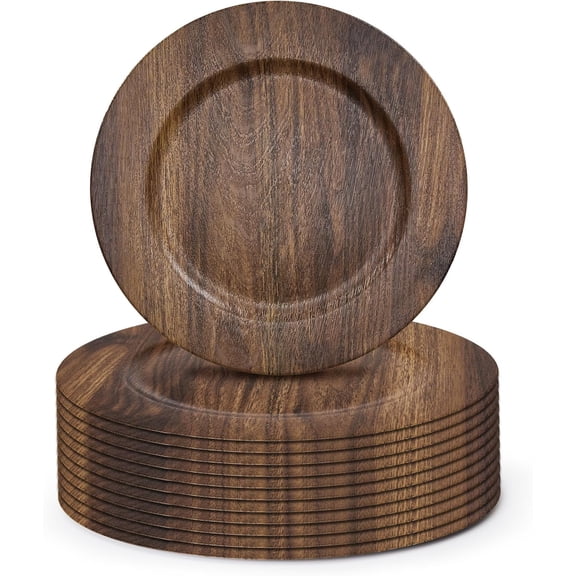 12-Pack Rustic Wood-Look Charger Plates, 13-Inch Decorative Plastic Service Chargers for Holiday and Wedding Table Styling