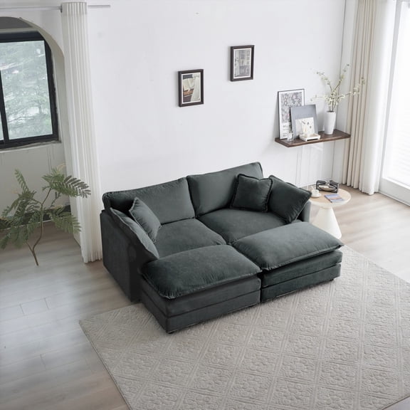 Modern Gray Chenille 4-Piece Sectional Sofa with 2 Seater Loveseat and Ottomans (220×80×75cm)