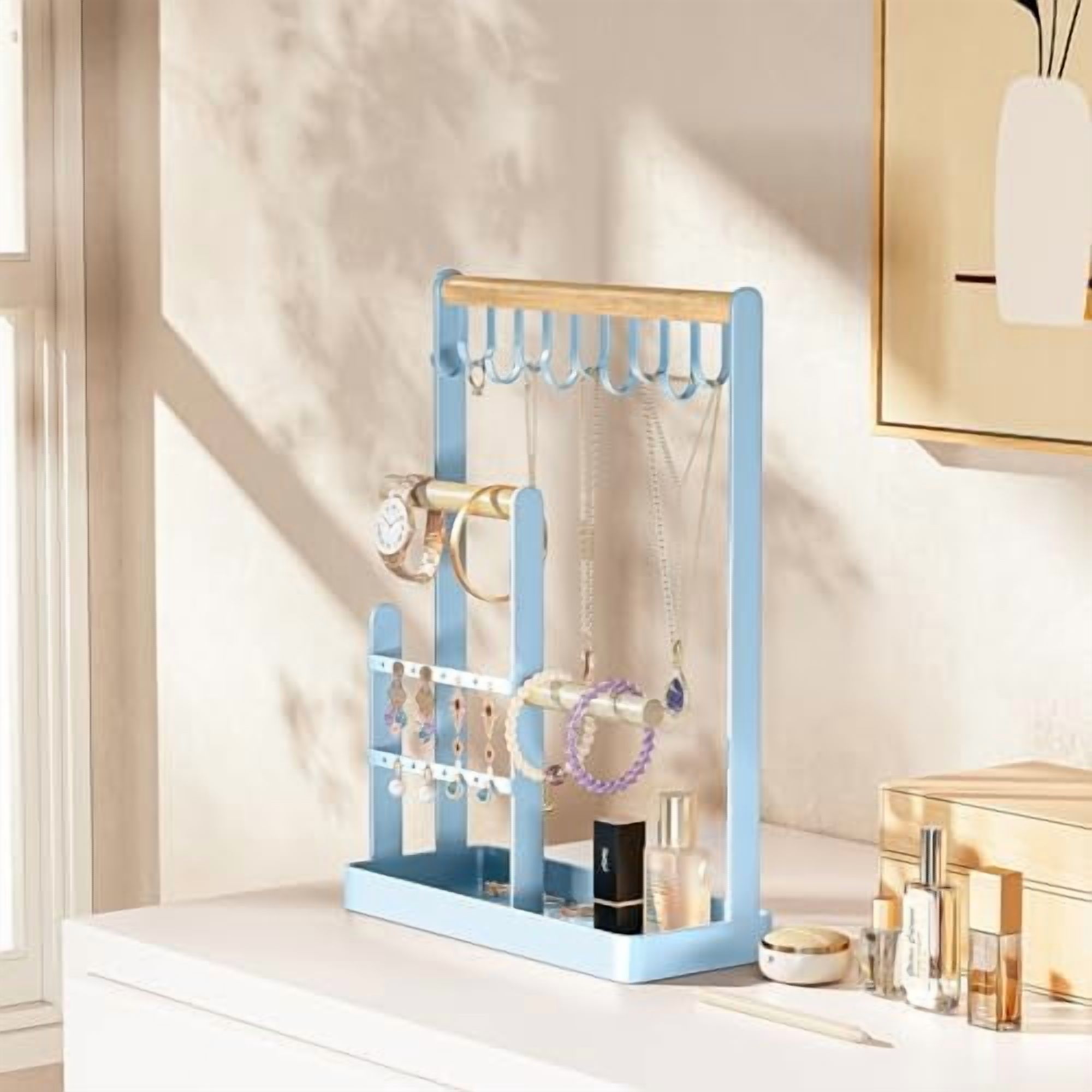Jewelry Stand Holder Organizer, 4-Tier Necklace Holder with Ring Tray, 10 Hooks Necklaces Hanging Small Jewelry Display Storage Tower Tree for Bracelets Earrings Watches -Medium, Blue