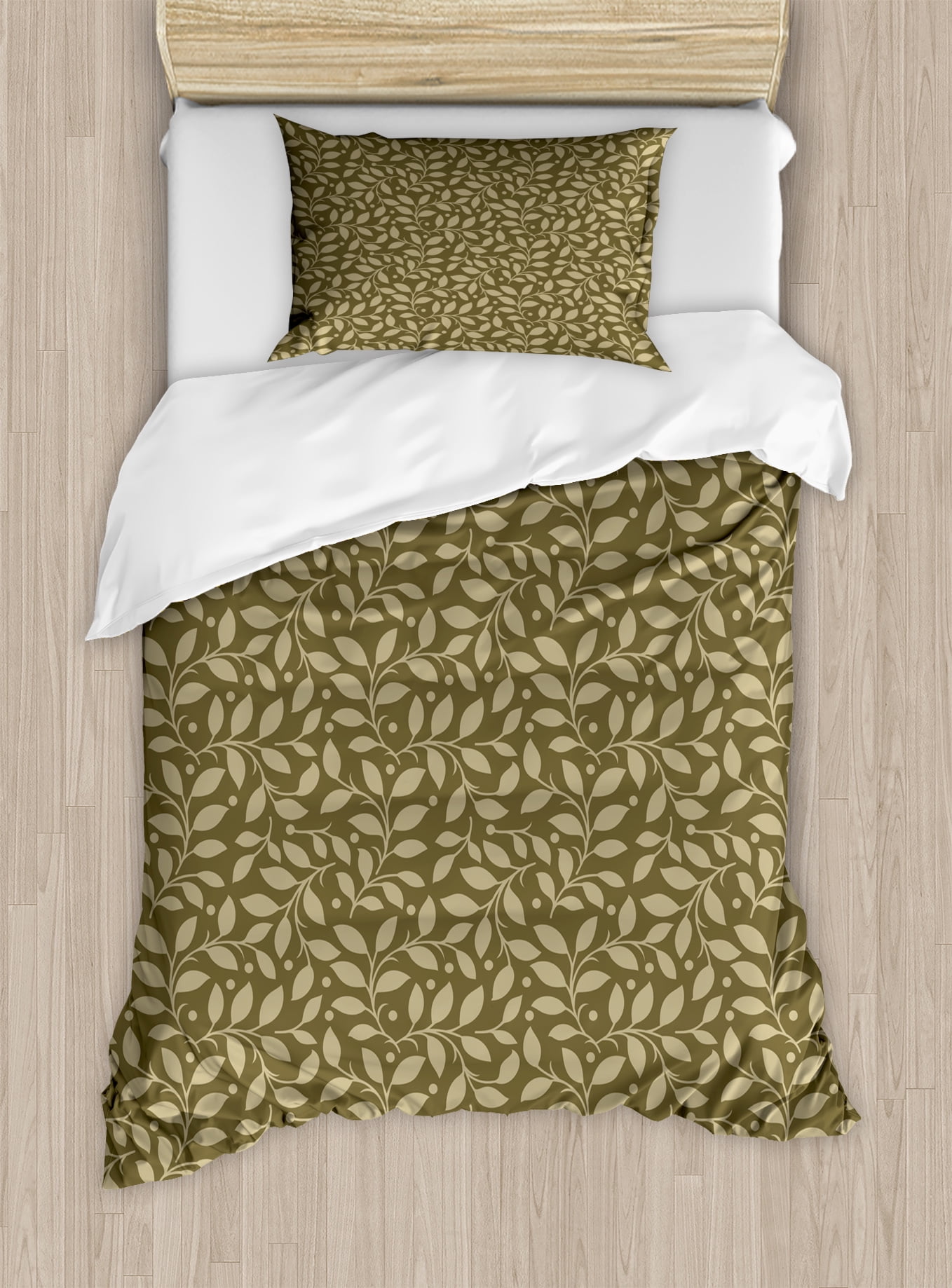 Leaves Duvet Cover Set Old Fashioned Style Abstract Leafy Branches With Dots Retro Antique Decorative Bedding Pillow Shams Khaki