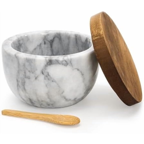Marble Salt Cellar with Acacia Wood Lid and Spoon, Elegant Handcrafted Salt Box Pepper Bowl Spice Jar Seasoning Keeper Salt Container for Kitchen Counter