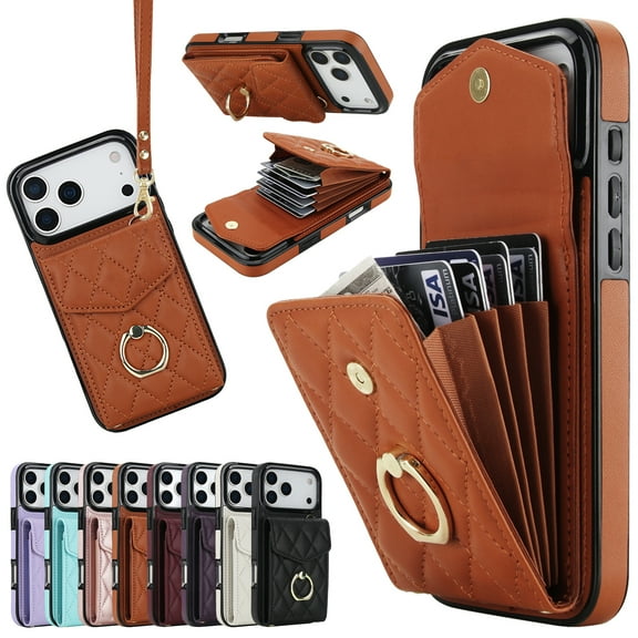 Kryonix for iPhone 17 Pro Max Wallet Case, Crossbody Purse with Wrist Strap Lanyard Handbag, RFID Blocking Card Holders, 360 ° Rotation Ring Kickstand,  Pink/Beige/Black