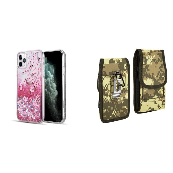Liquid Glitter Case for iPhone 14 Pro Max and Belt Holster Pouch (Cherry Blossom/ACU)