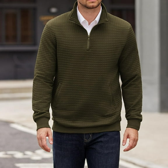 Mohiass Mens Quarter Zip Pullover Long Sleeve Quilted Sweatshirt Casual Waffle Sweaters Polo Shirts with Pocket Army Green L