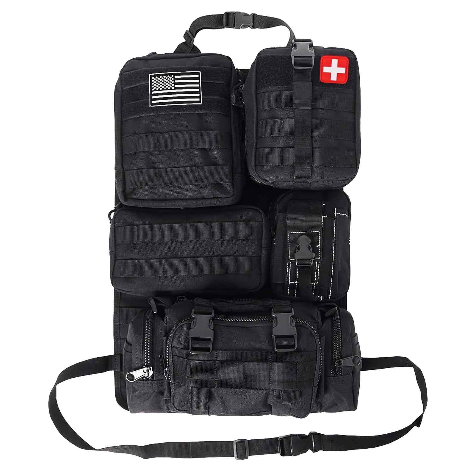 FANOTEK Universal Tactical Car Seat Back Organizer Bag, Vehicle Organizers Panel with 5 Detachable Molle Pouches Pocket for Most Car SUV Sedan Truck Jeep Black