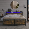 thumbnail image 6 of Large Size Metal Platform Bed Frame with Storage Headboard, Charging Station and LED Lights, Heavy Duty Iron Platform Bed Frame with Wood Headboard and Footboard, Rustic Brown, 6 of 10