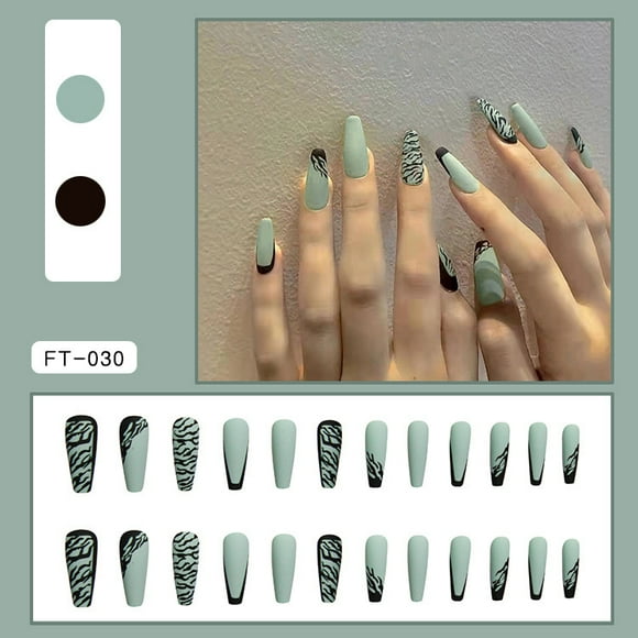 Fake Nails Medium Length Press Abstract Cute Coffin False Nails with Glue, Stick on Nails Art Manicure Decoration, Glossy Nude Acrylic Nails for Women and Girls 24Pcs(FT-030)
