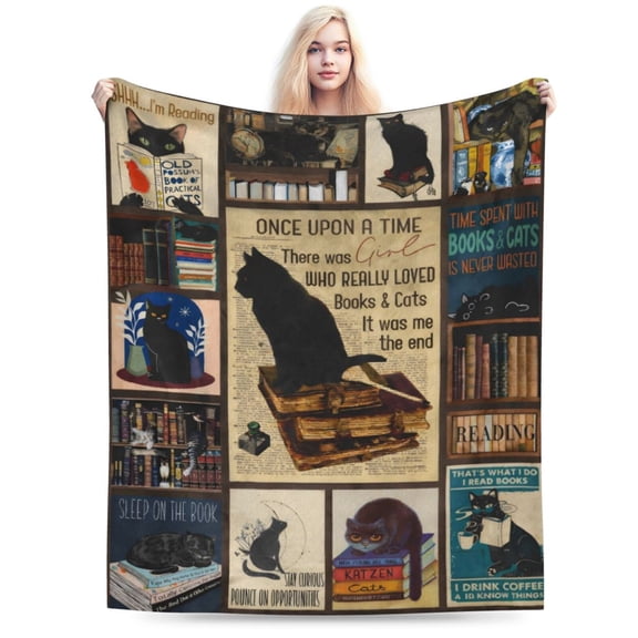 Gifts for Readers, Book Lover Gifts for Women, Black Cat Blanket for Women Cat Lover, Book Reading Lovers Blanket Throws 50x40