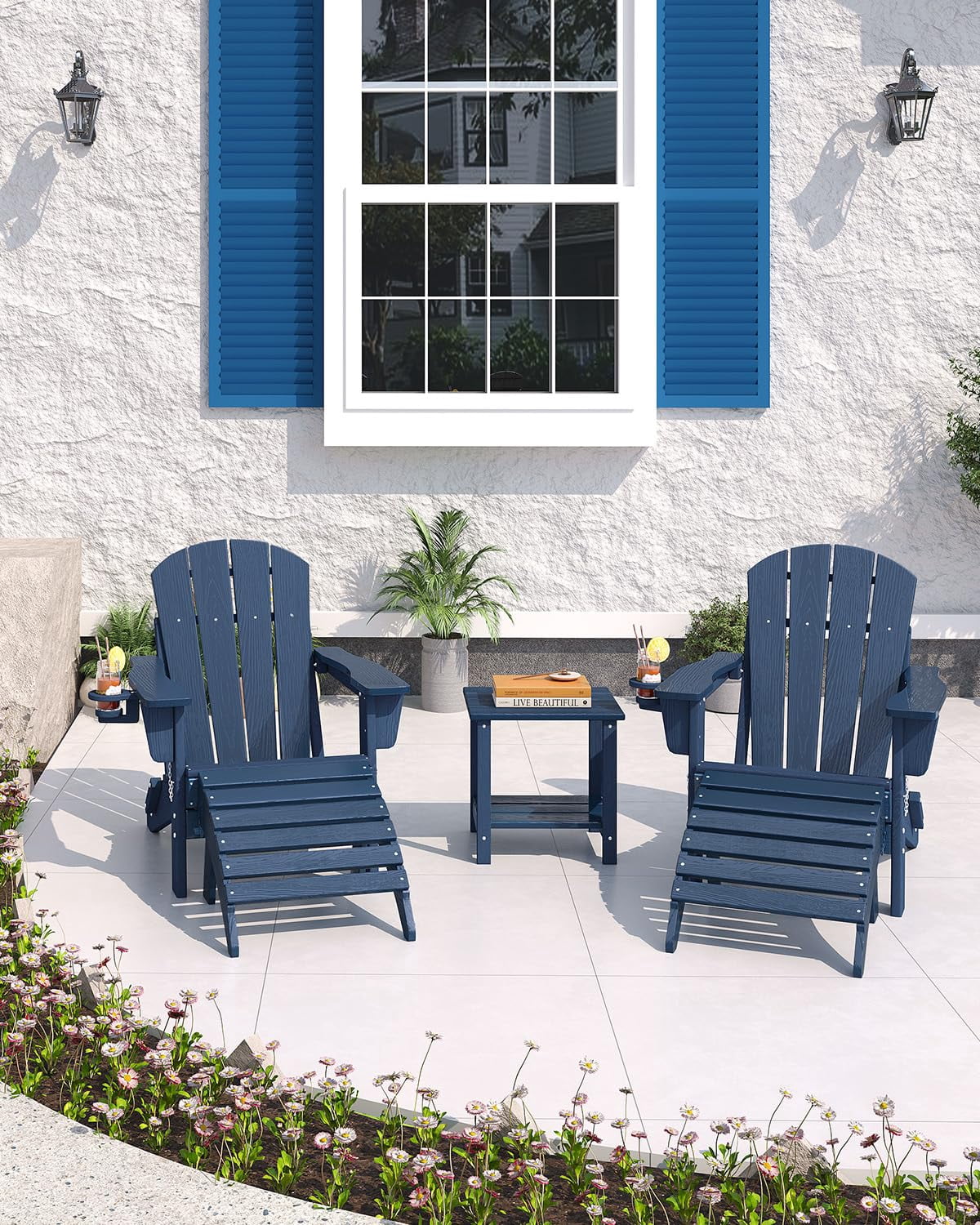 Folding Adirondack Chair Set of 4 with 2 Side Table, All-Weather HDPE Outdoor Chair, Wooden Textured with Cup Holder for patios, Decks, Gardens, fire pits, Navy Blue