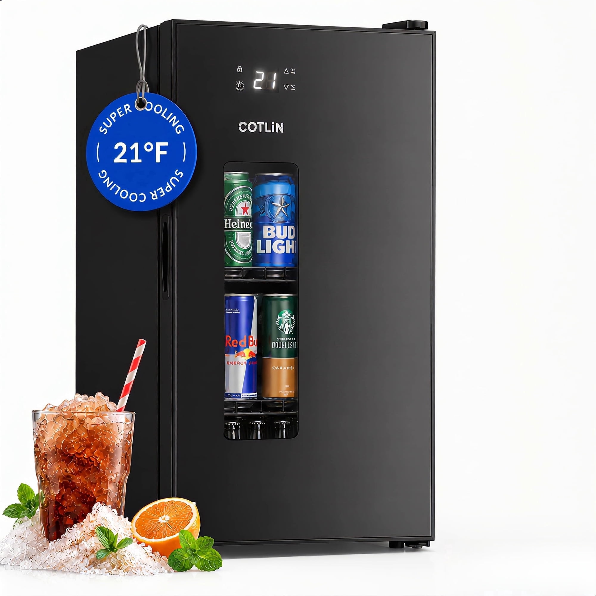 RIOXC 95 Can Beverage Refrigerator 21°F Ultra-Cold Fridge with Glass Door for Home, 17.8 in D, 29.1 in H, Black