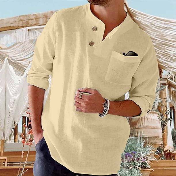 Blusas y camisas de manga larga con cuello redondo para hombre, blusa informal de moda con botones y manga larga, blusa tipo cárdigan para hombre