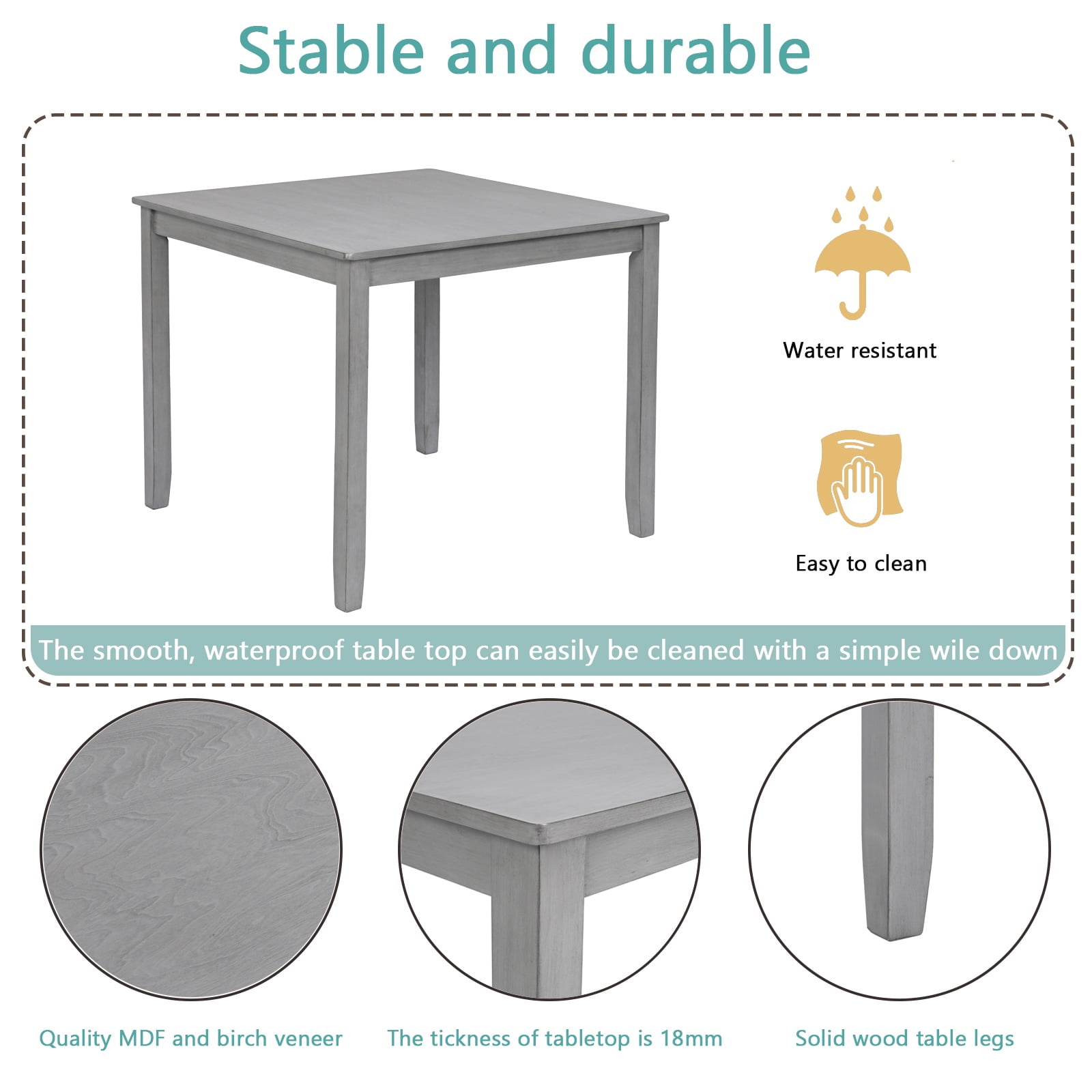 PAPROOS Solid Wood Dining Table, 30'' Height Square Kitchen Table for Small Space, Farmhouse Acacia Wooden Dinner Table for 4, Gray(Only Table)