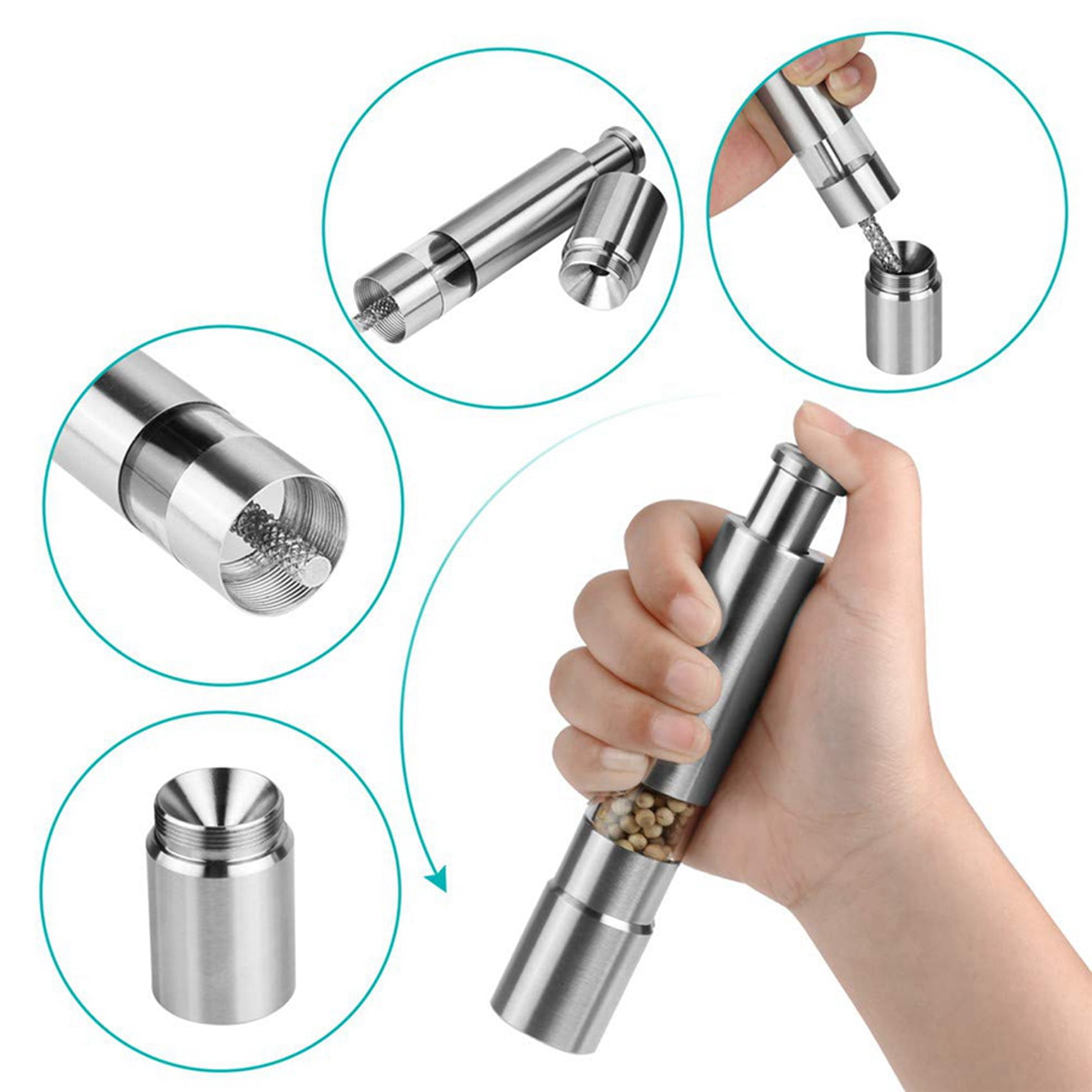 Salt and Pepper Mill Set, Stainless Steel Salt and Pepper Grinder One Hand Operation Salt and Pepper Mill 4 Pack