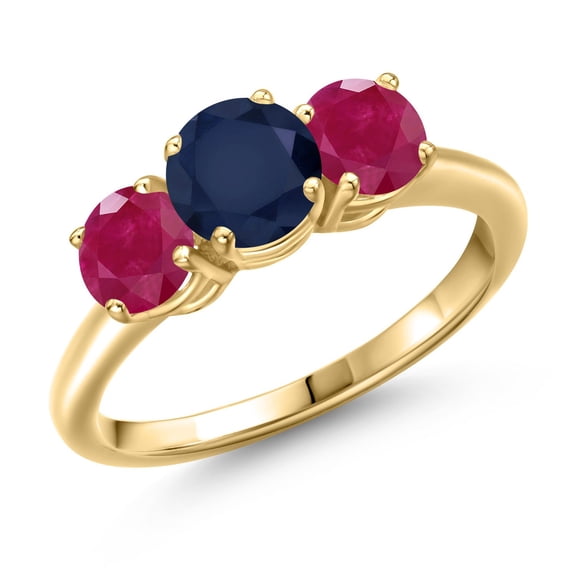 Gem Stone King 18K Yellow Gold Plated Silver Blue Sapphire and Red Ruby Engagement Ring for Women | 2.20 Cttw | Round 6MM | Gemstone September Birthstone | Size 6