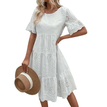 Qwertyu Women s Lace Eyelet Short Sleeve Tiered Midi Dresses Ruffle Hem Babydoll Summer Casual Dresses White XL