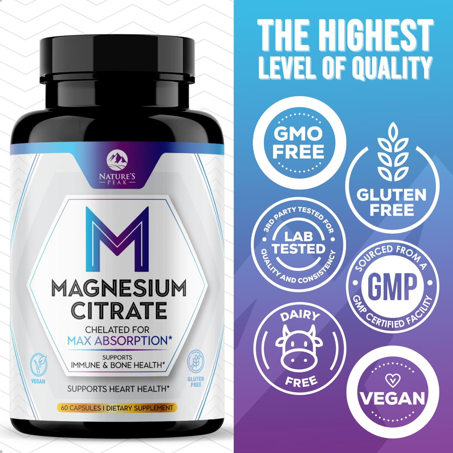 Magnesium Citrate Capsules - Max Absorption Magnesium Powder - Muscle, Bone, Nerve & Heart Health Support - Premium Formula is Powerful & Gentle for Women & Men - Bottled in USA - 60 Capsules