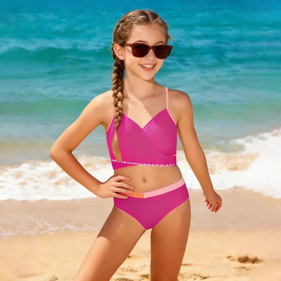 Girls 2 Piece Bikini Swimsuits Adjustable Straps with Chest Pad Bathing Suit For 7 16 Years Summer BeachHot Pink9-10 Years