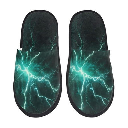 Balery Green Lightning Flash Slient Indoor Furry Fleece Comfort House Shoes Soft Non-Slip Home Shoes Cotton slippers House Slippers-- Large