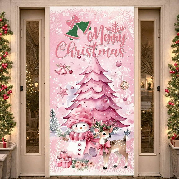 Pink Christmas Decoration Snowman Christmas Door Cover Deer X-mas Front Door Banner Decorations for Indoor Outdoor Holiday Party Supplies Banner