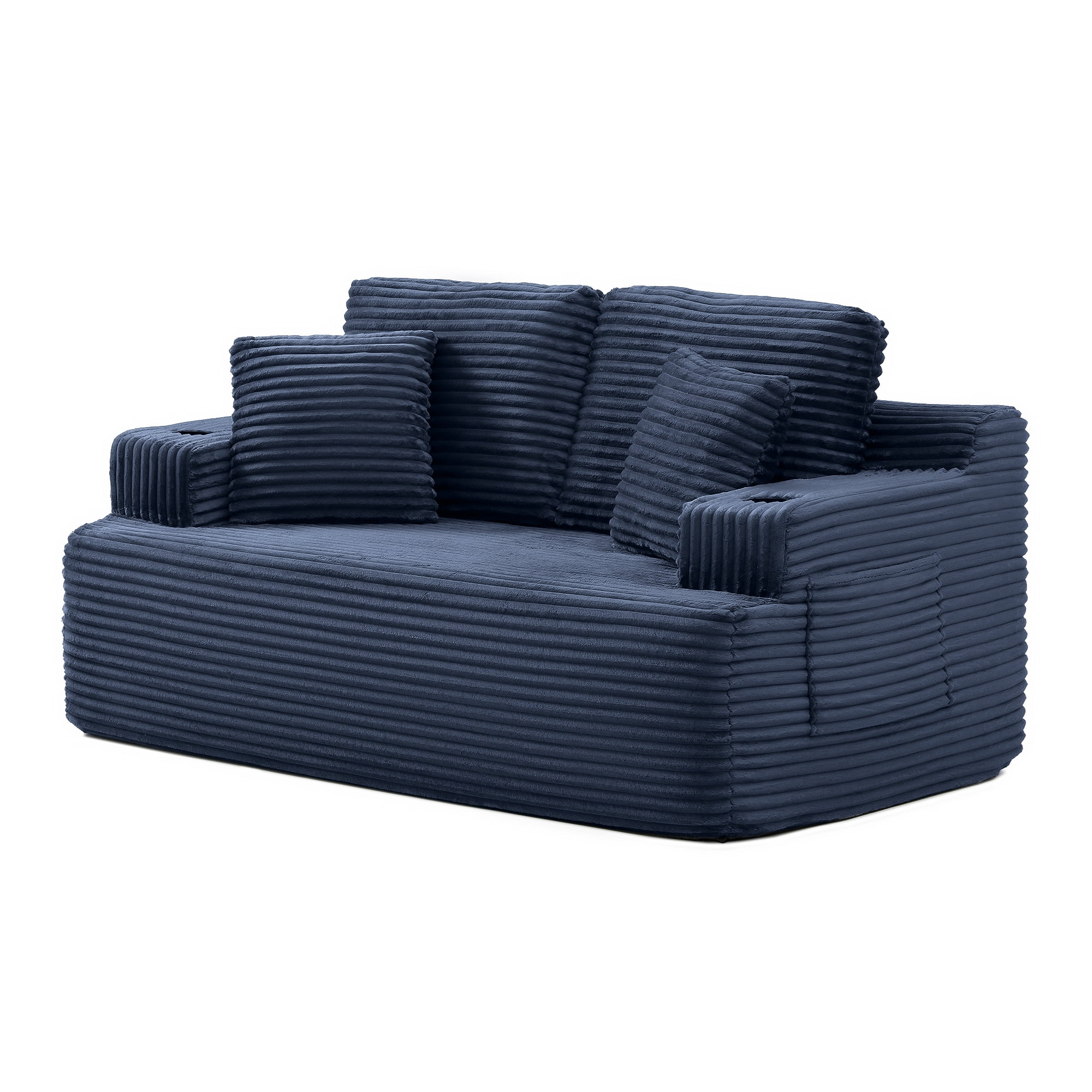 Boneless Loveseat, 2-Seater Floor Couch with Cup Holders and Side Pockets, Corduroy Fabric No Assembly Sofa for Small Space or Apartment, 66.5 Inch, Blue