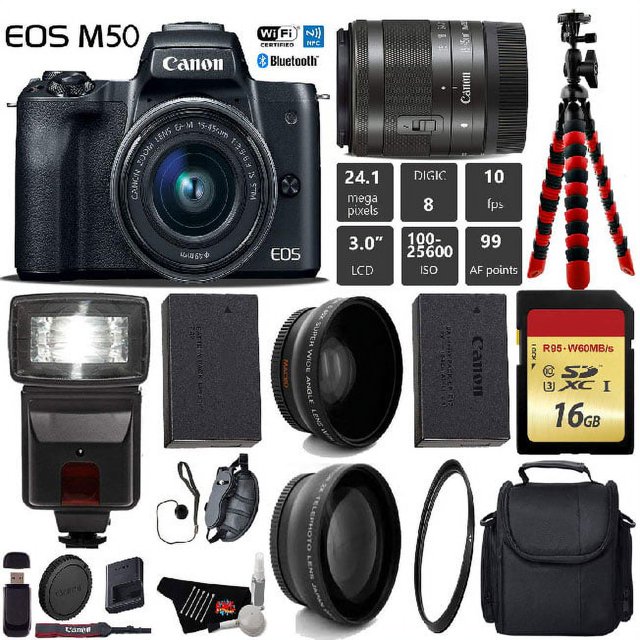 Canon EOS M50 Mirrorless Digital Camera +15-45mm Lens+ UV FLD CPL Filter Kit + W