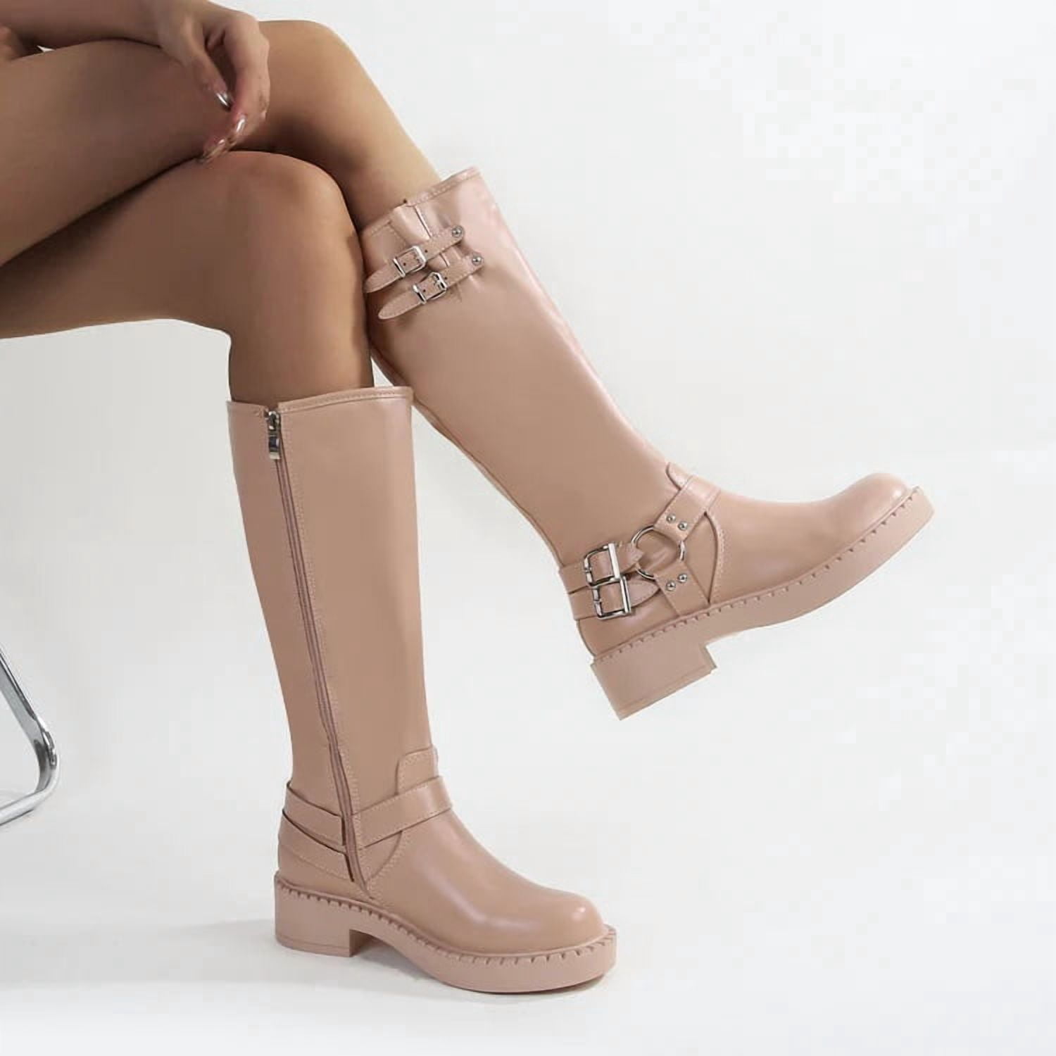Women’s Buckled Faux Leather Knee High Biker Boots