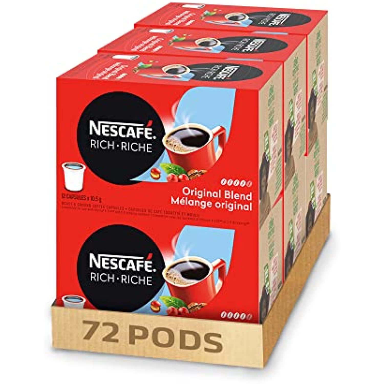 Nescafe Rich Original Coffee Capsules, 72 Pods Total, (6 Boxes Of 12