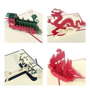 Wrapables® 3D Pop-Up Greeting Cards for Birthday, Thank you, Anniversary, Wedding, Holidays (Set of 4), Train, Ship, Plane, Dragon