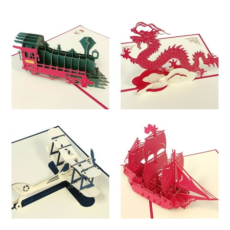 Wrapables® 3D Pop-Up Greeting Cards for Birthday, Thank you, Anniversary, Wedding, Holidays (Set of 4), Train, Ship, Plane, Dragon