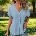 thumbnail image 4 of LNWUY Women's T Shirts Solid Color V Neck Button Down Short Sleeve Roll Up Blouses Lightweight Comfy Summer Dressy Tunic Tees Tops Blue XXL, 4 of 9