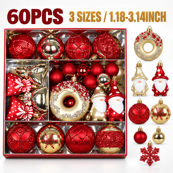 Rayocon Christmas Ball Ornaments 60Pcs Painted Red Gold Gnome Set for Xmas Tree Decorations and Holiday Party