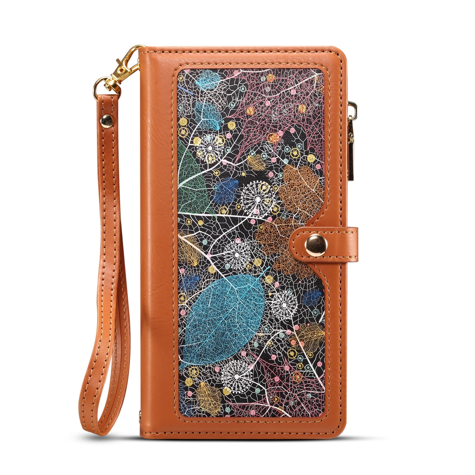 Dteck Wallet Case for iPhone 13 6.1 Inch, Leaf Pattern Luxury PU Leather RFID Blocking Card Slots Holder Zipper Pocket Flip Case with Kickstand Magnetic Crossbody Strap Phone Cover,Brown