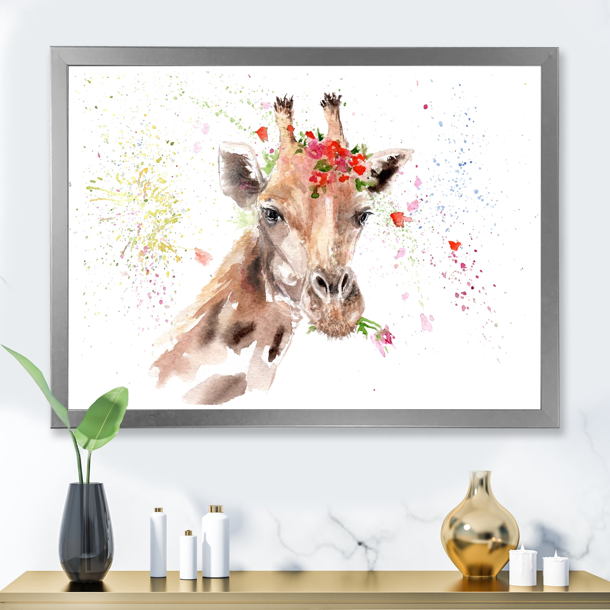 Designart 'Portrait of A Giraffe With Red Flowers II' Farmhouse Framed Art Print