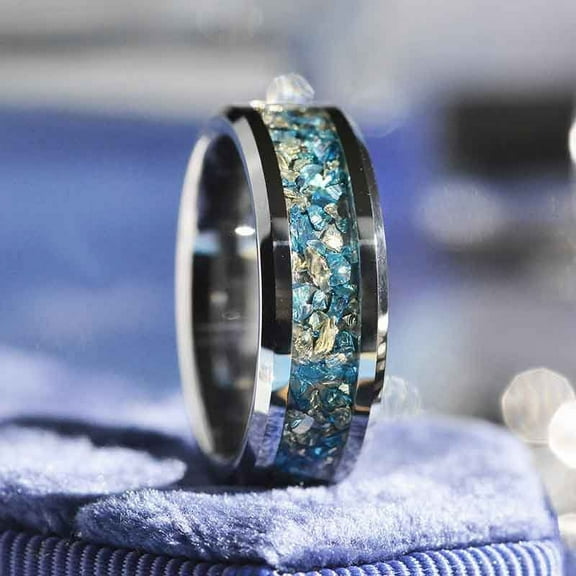 Genuine Crushed Raw Blue And White Sapphire Men's Tungsten Ring, Size 6