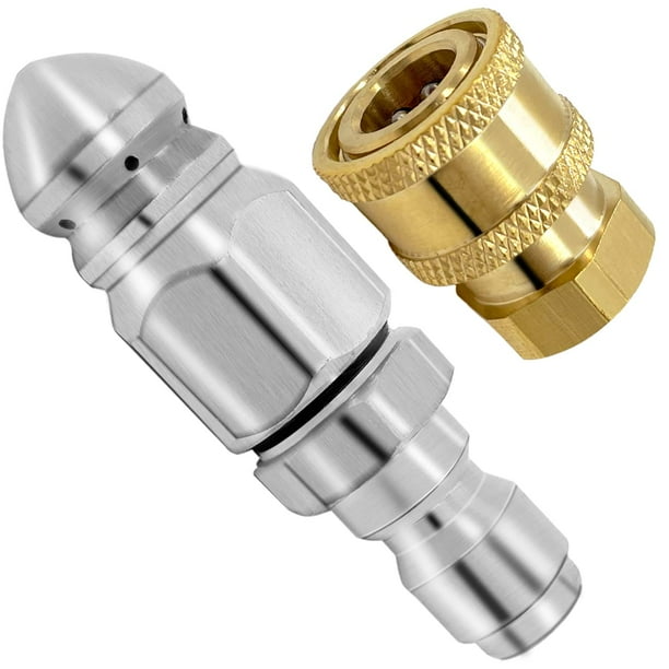 Paquete de 2 boquillas de chorro de alcantarillado de 5000 PSI, boquilla de manguera de chorro de drenaje de lavadora a presión de acero inoxidable de 1/4 pulgadas y accesorios de latón rápi