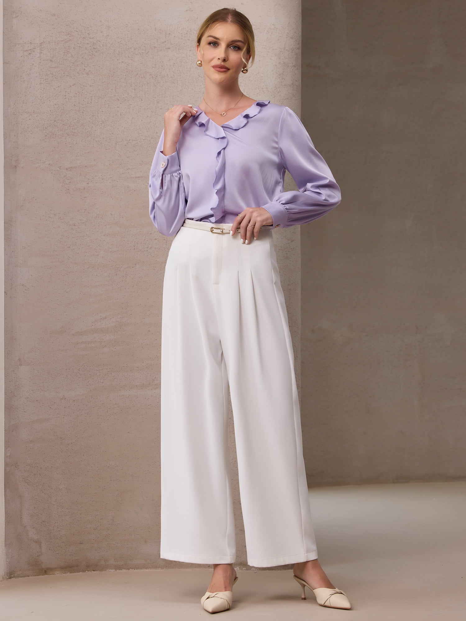 DARING DIVA Women's Satin Ruffle V Neck Long Sleeve Casual Blouse L Light Purple