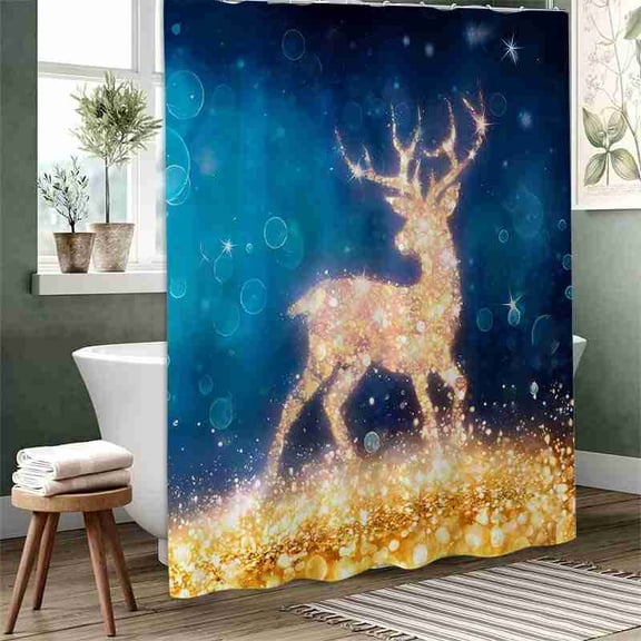 70x70 inch Blue and Gold Glitter Reindeer Shower Curtain, Waterproof Polyester Fabric with Hooks for Bathroom Decor