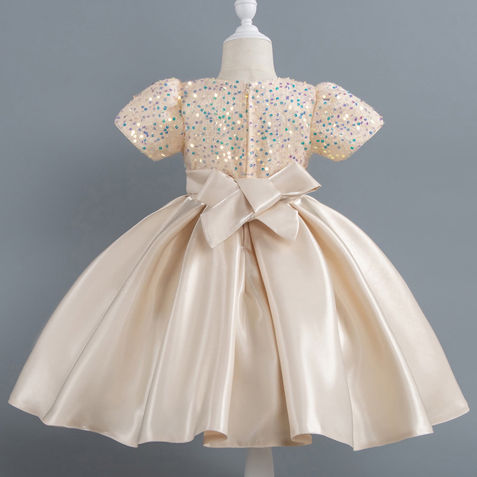 Girls Prom Dresses Formal A-Line Size 2-10 Toddlers Kids Elegant Sequins Short Sleeve Bowknot High Waisted Solid Performance Party Dress